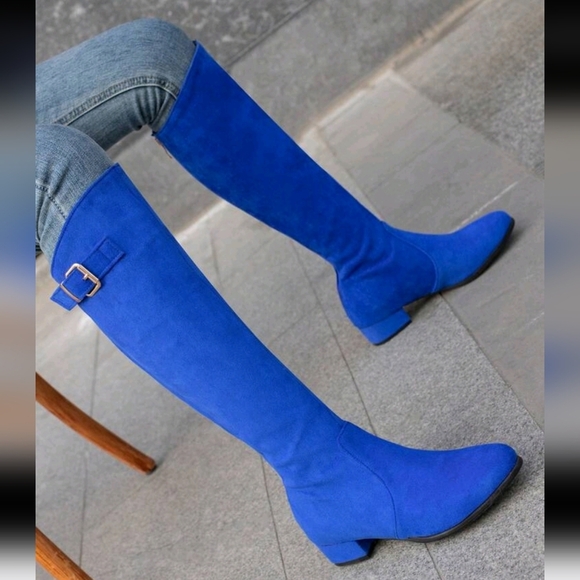Fashion Match Pants,Navy Blue Women Low Heel Side Zipper Suede Knee-High Riding - Picture 1 of 6